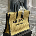 Saint Laurent Rive Gauche Tote Bag In Raffia And Leather Apricot